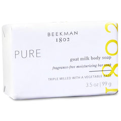 Close-up of Beekman 1802 goat milk soap bar label showing fragrance-free formulation for sensitive skin.