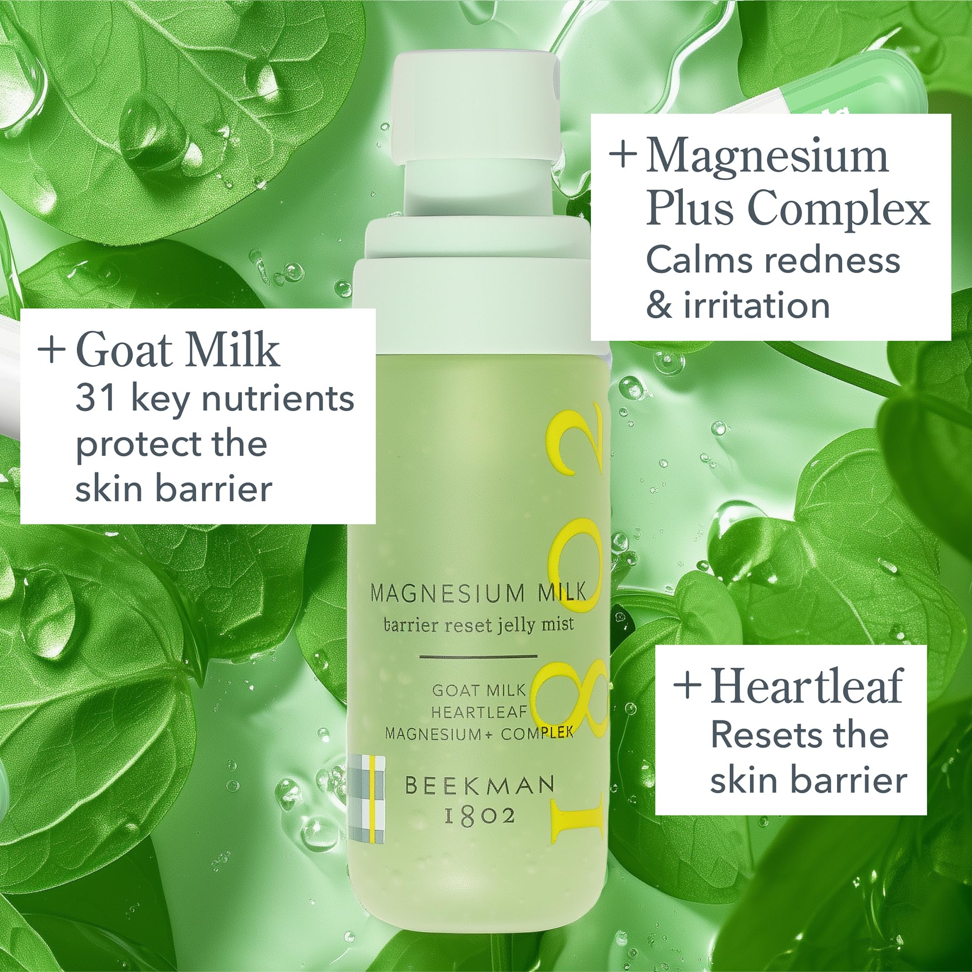 Beekman 1802 magnesium mist spray for gentle on-the-go refreshment.