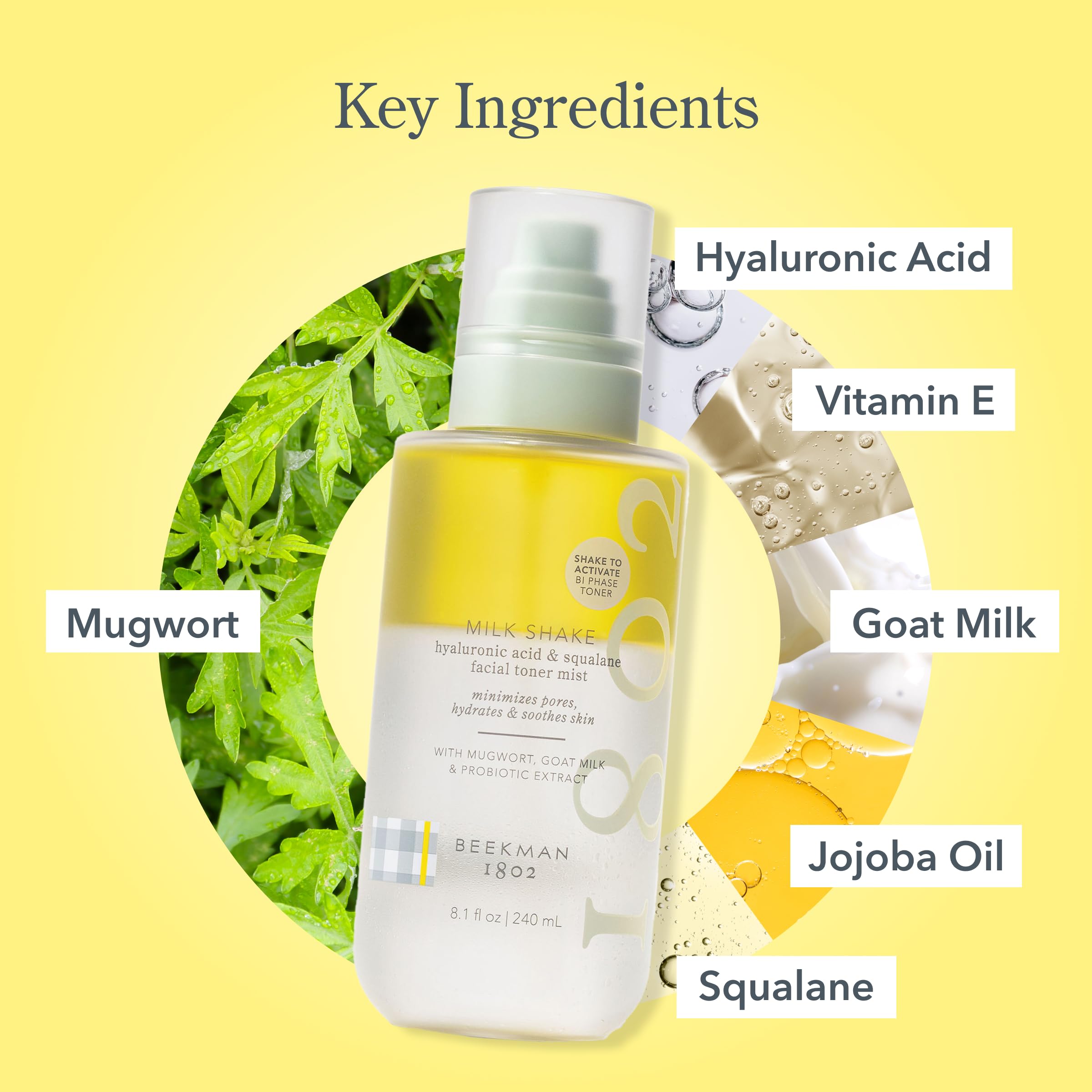 Beekman 1802 Milk Shake Hydrating Face Mist packaging highlights ingredients