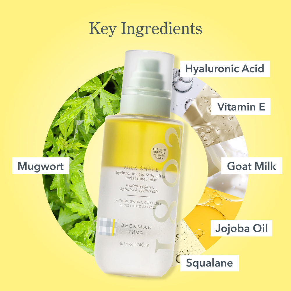 Beekman 1802 Milk Shake Hydrating Face Mist packaging highlights ingredients
