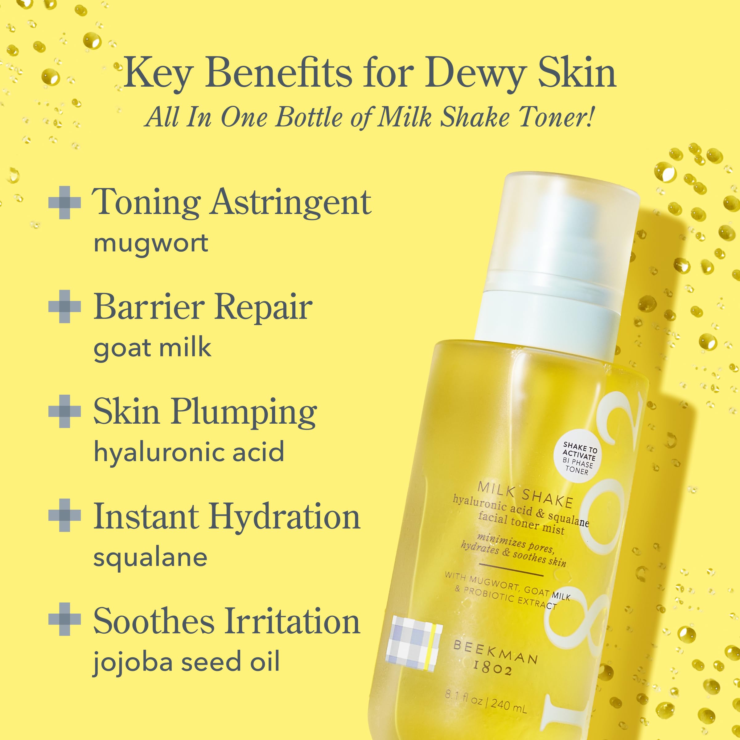 Beekman 1802 Milk Shake Hydrating Face Mist label on bottle shows clean ingredients