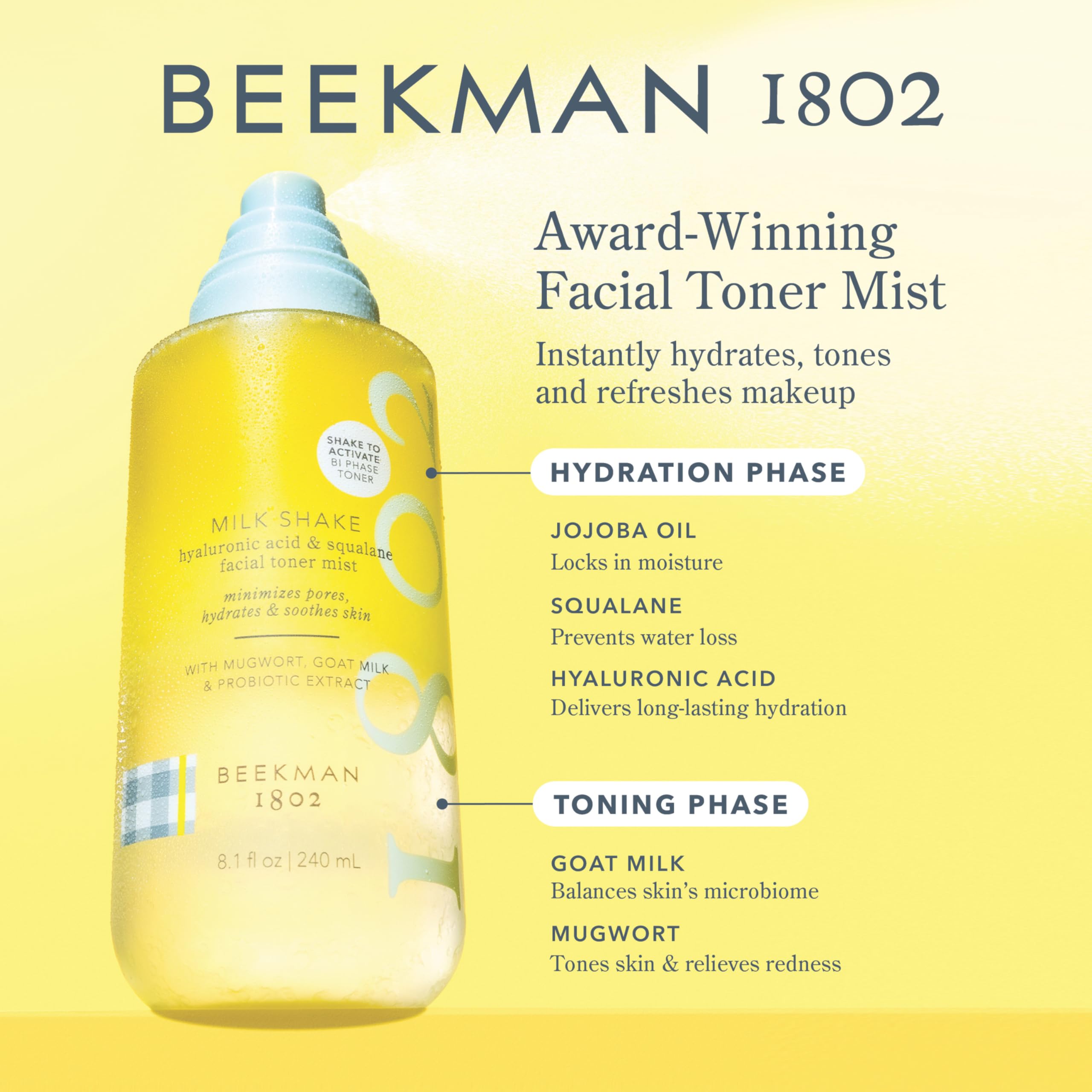 Beekman 1802 Milk Shake Hydrating Face Mist spritz on skin to set makeup