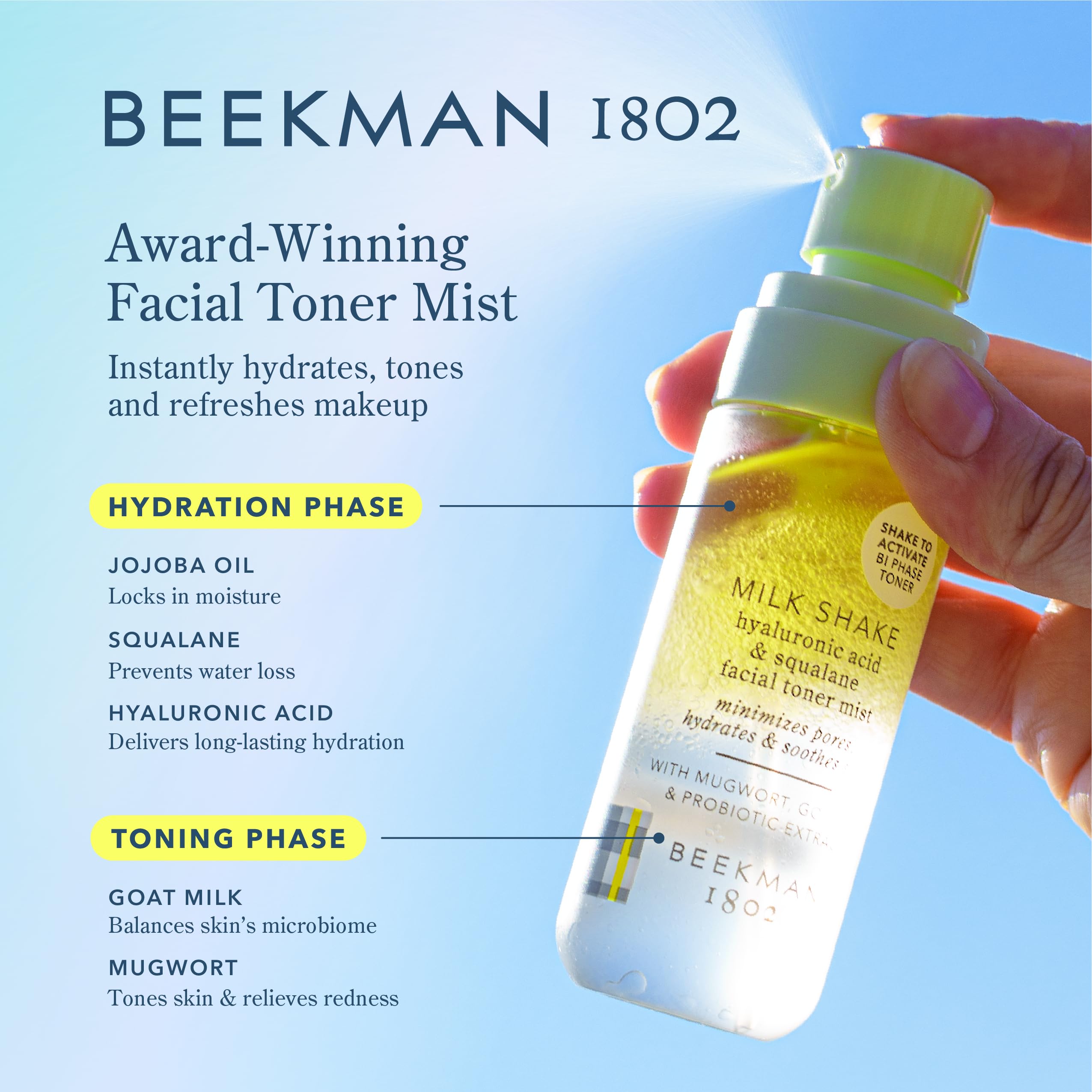 Milk Shake Mist being sprayed for makeup setting and daytime hydration