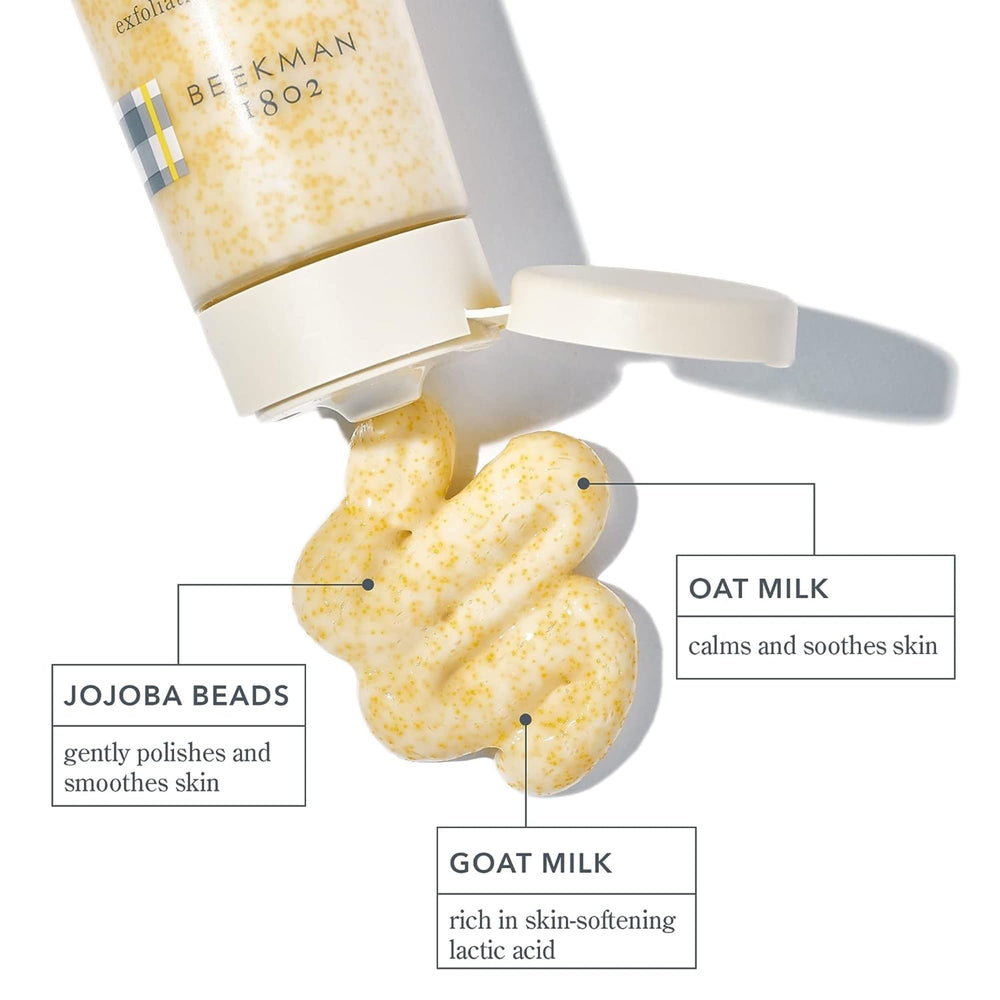 Beekman 1802 oat milk scrub jar closeup reveals creamy texture