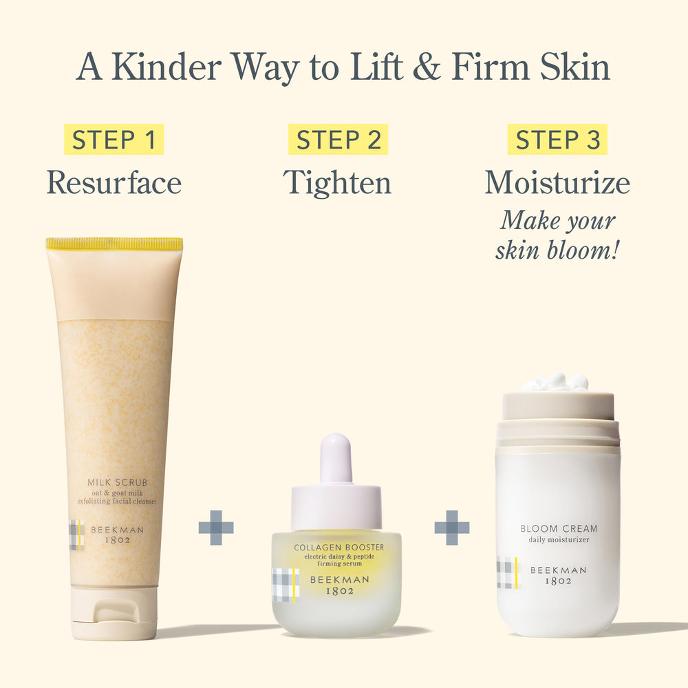 Beekman 1802 serum massaged into skin during daily routine