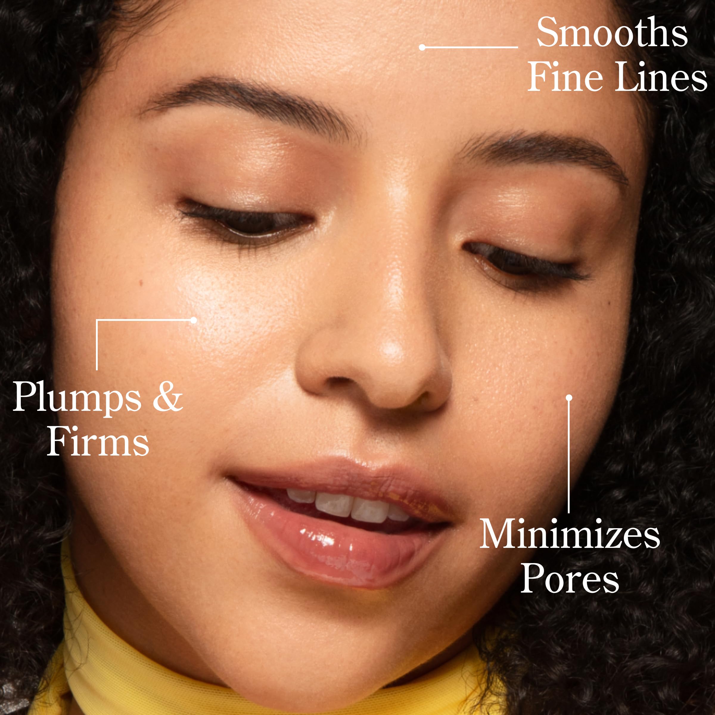 Close-up texture shows smooth, even skin after bakuchiol serum.