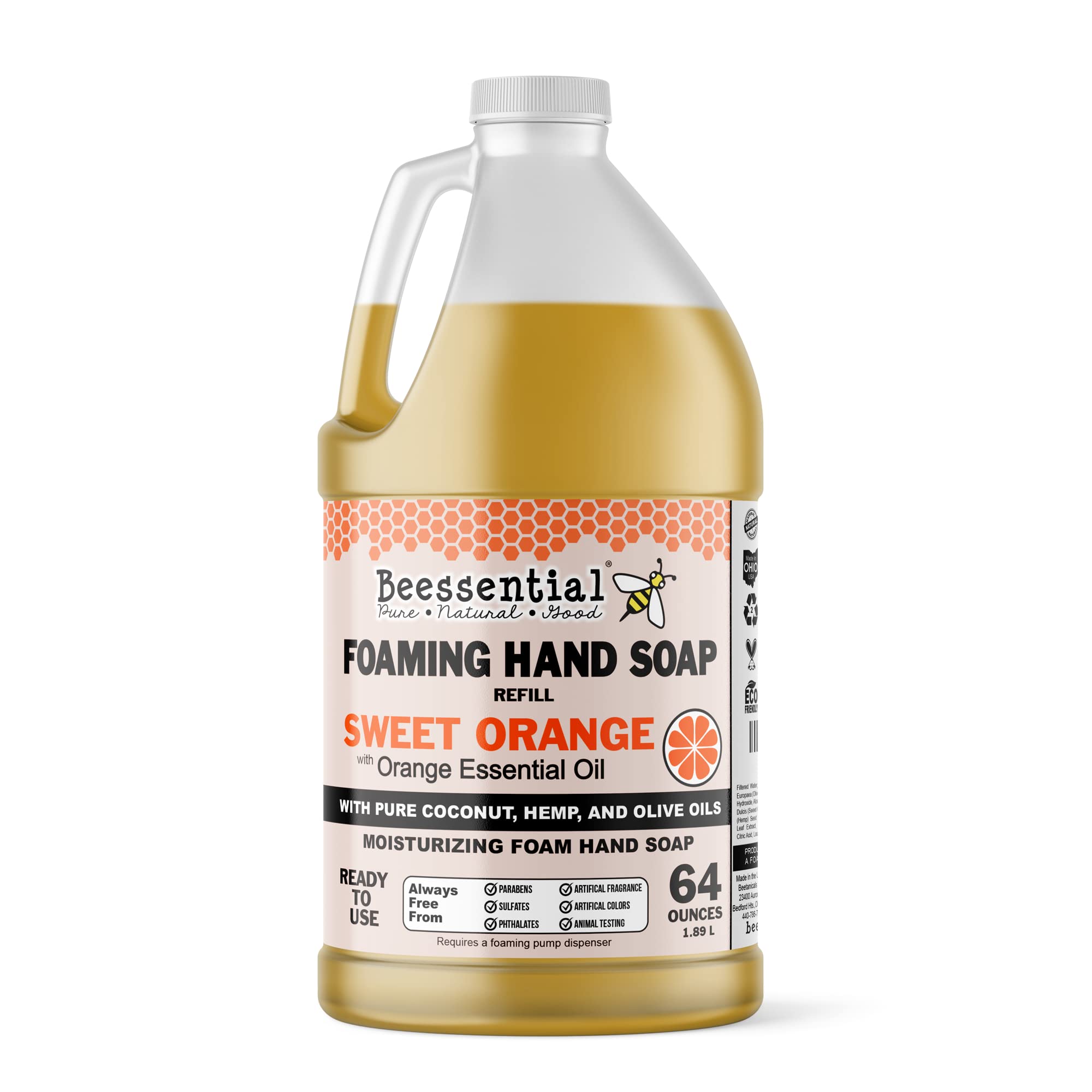 Beessential orange foaming hand soap refill bottle for kitchen or bathroom
