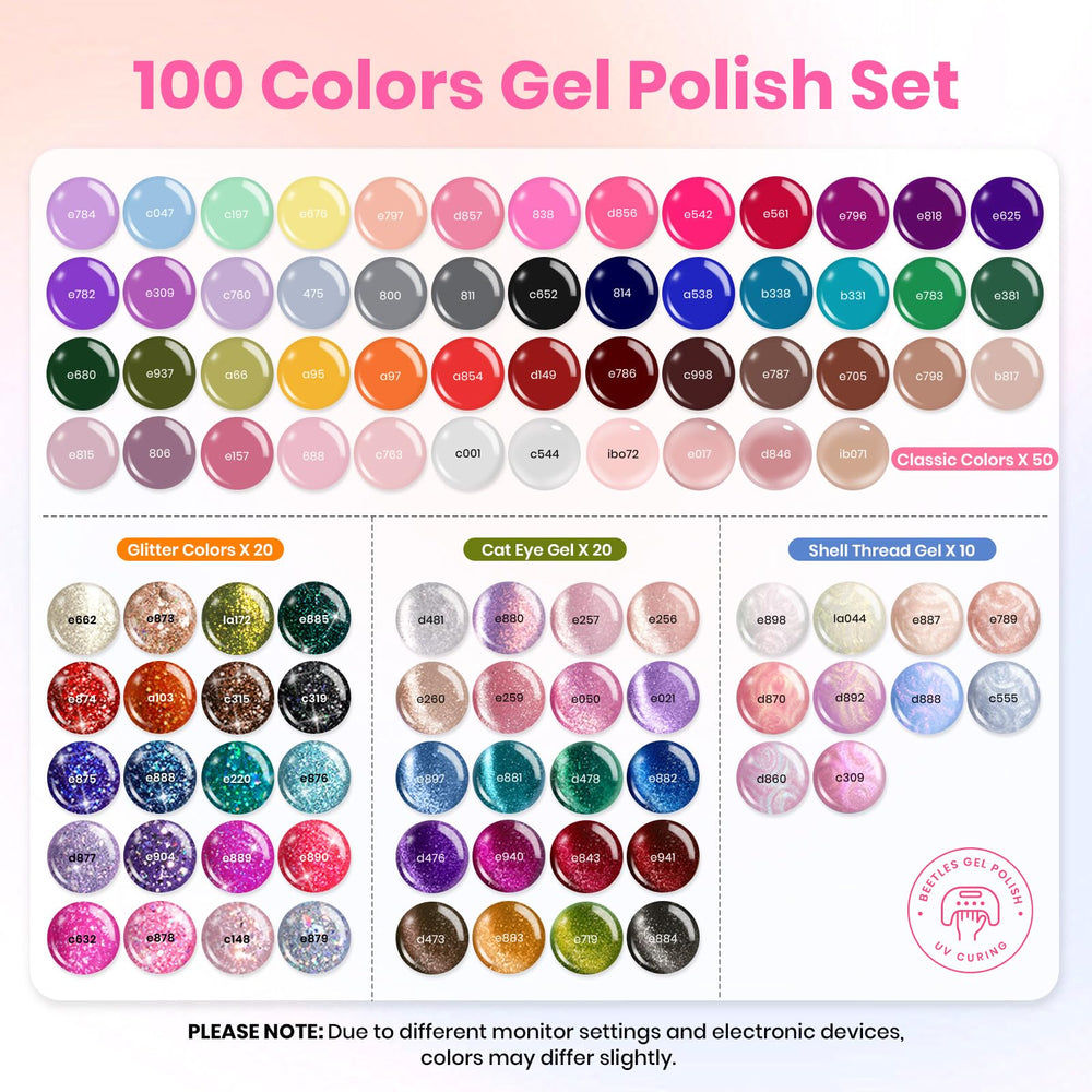 Beetles 100 colors gel nail polish swatches offering seasonal looks.