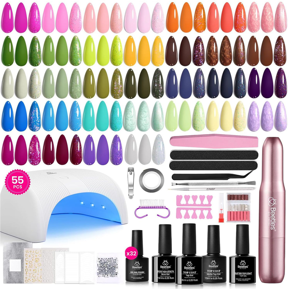 Beetles 55Pcs gel nail kit with lamp and drill for at-home salon-quality nails.