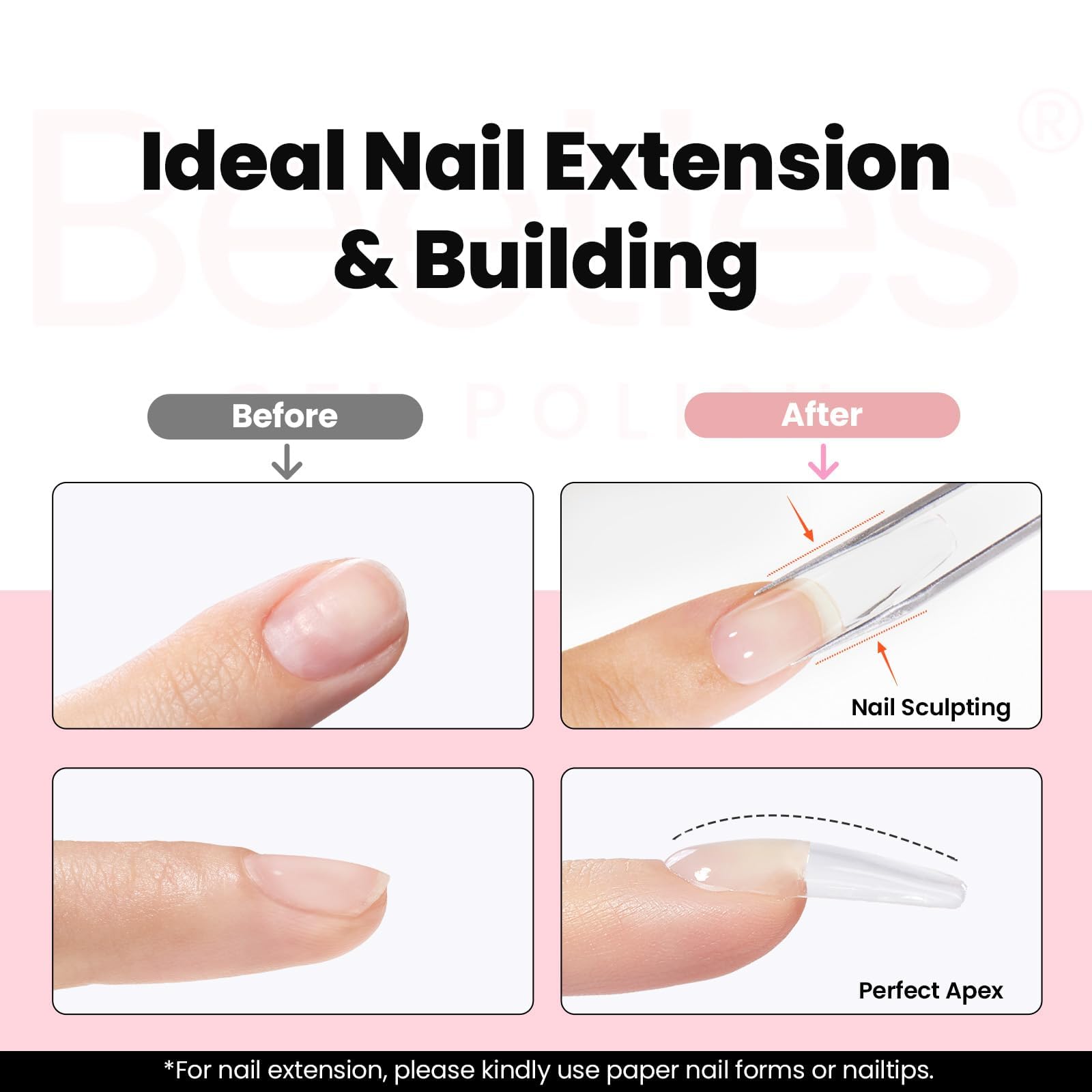 Beetles 9-in-1 gel shown for extensions, sculpting, and durability.