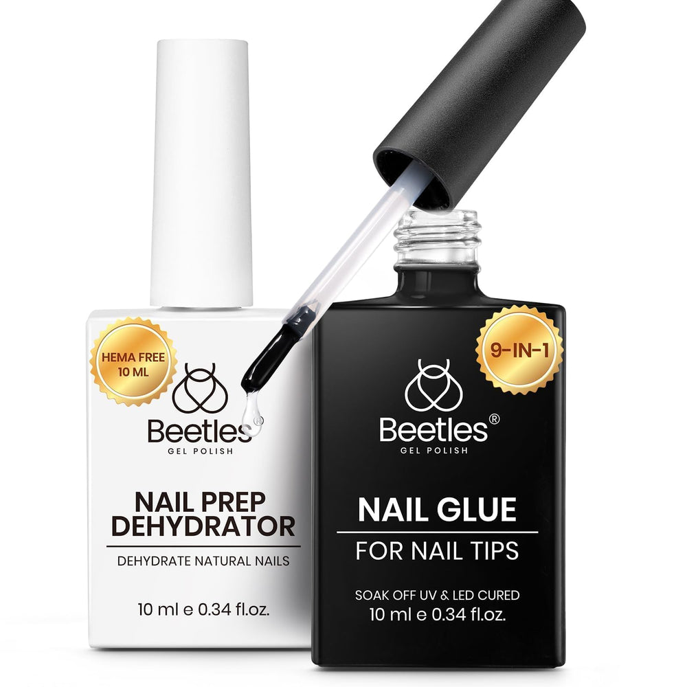 Beetles 9 en 1 kit de pegamento para uñas mejora adherencia y durabilidad.