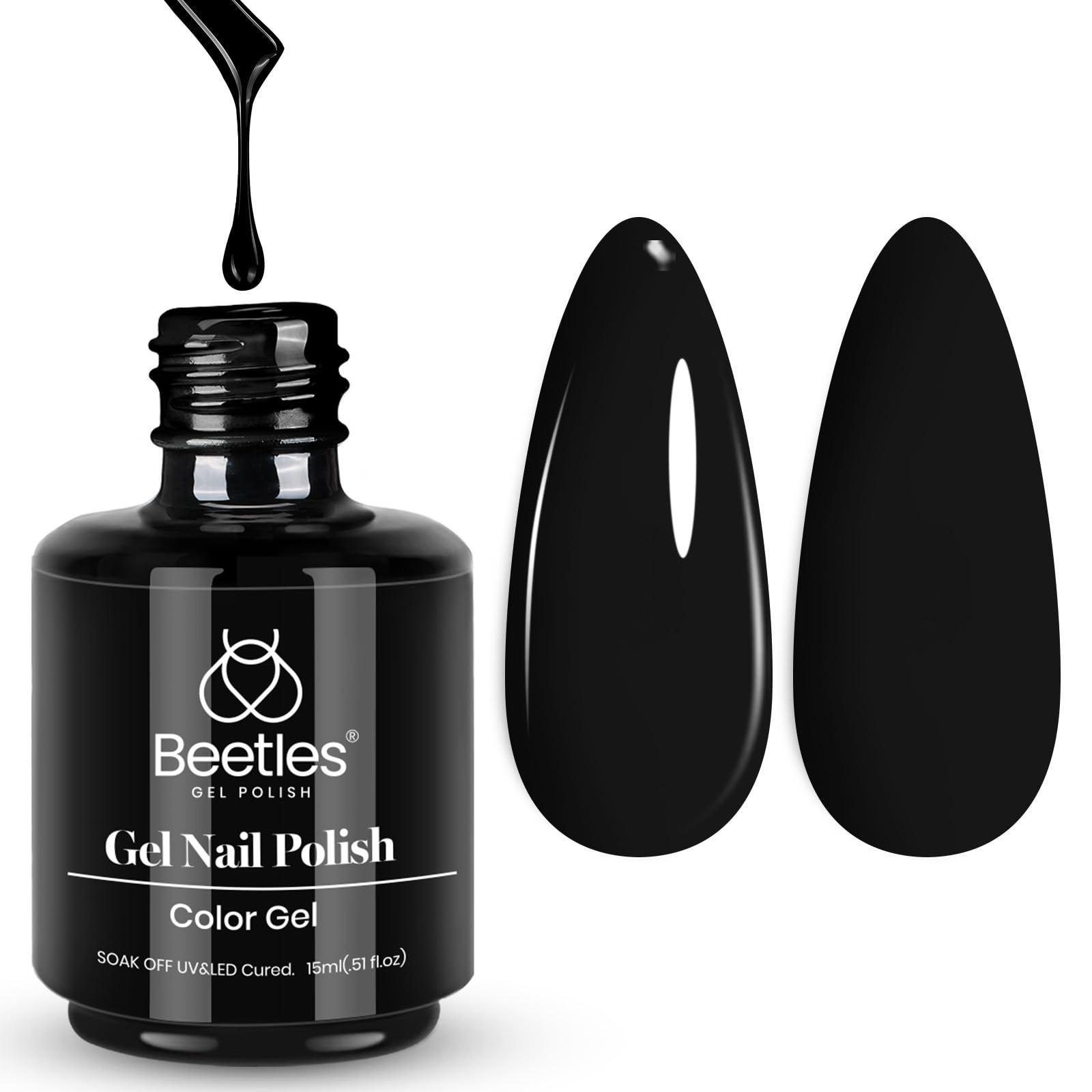 Beetles Audrey Black gel polish bottle shows bold color for long-lasting nails.