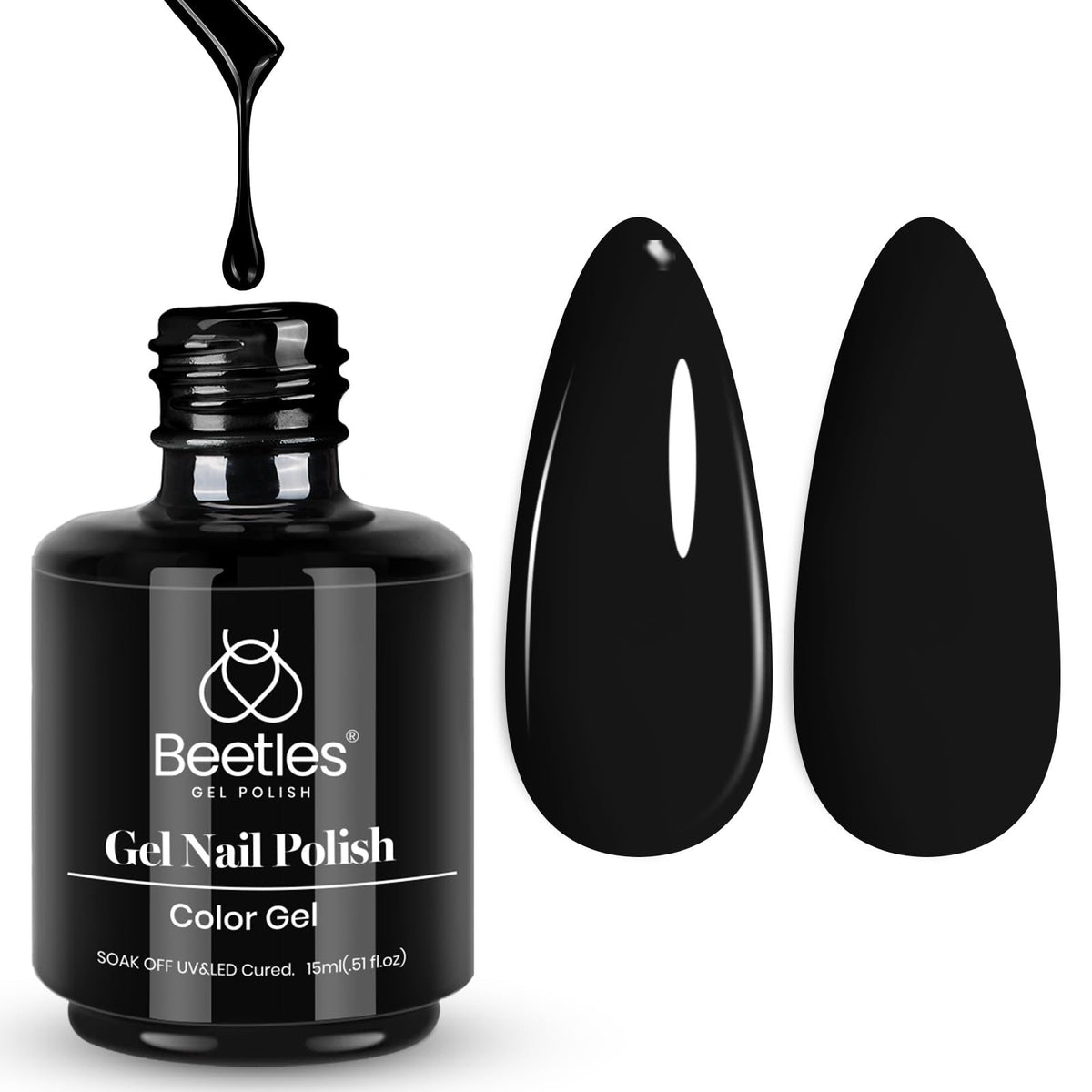 Beetles Audrey Black gel polish bottle shows bold color for long-lasting nails.