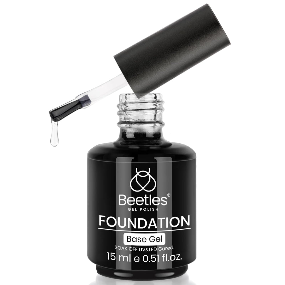 Beetles Gel Base Coat 15ml bottle close-up shows adhesion for longer-lasting color.