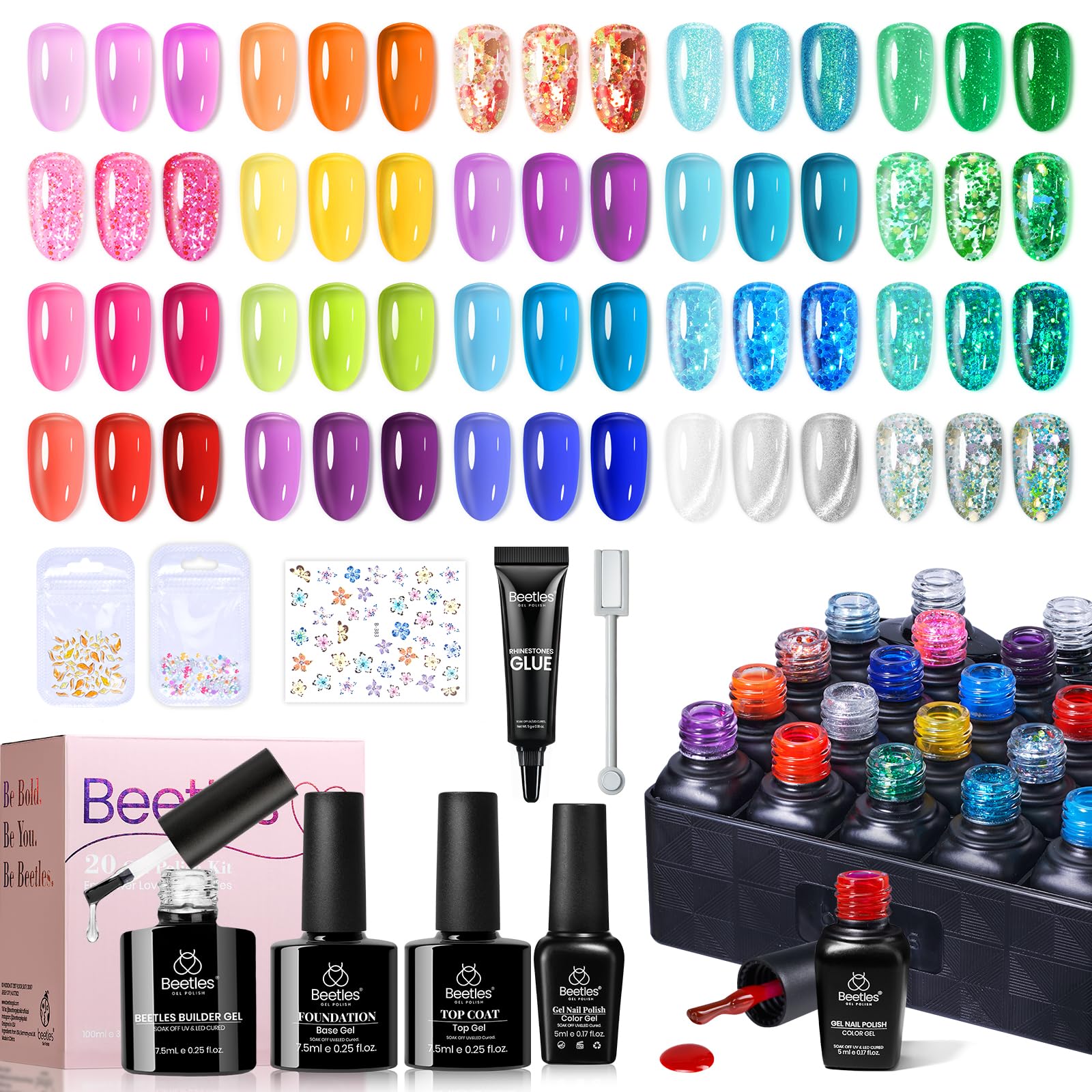 Beetles jelly gel nail polish set provides base coat and matte top coat for durable finishes.