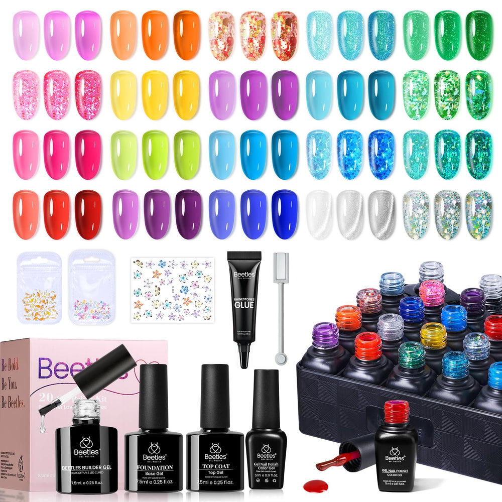Beetles jelly gel nail polish set provides base coat and matte top coat for durable finishes.