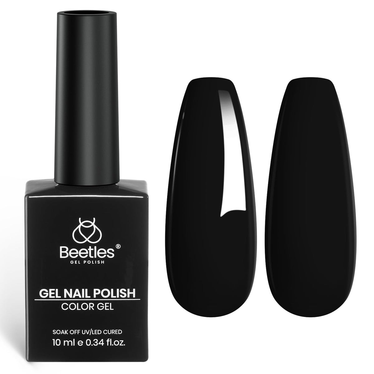 Beetles Black Gel Polish bottle side view for bold glossy manicure at home.