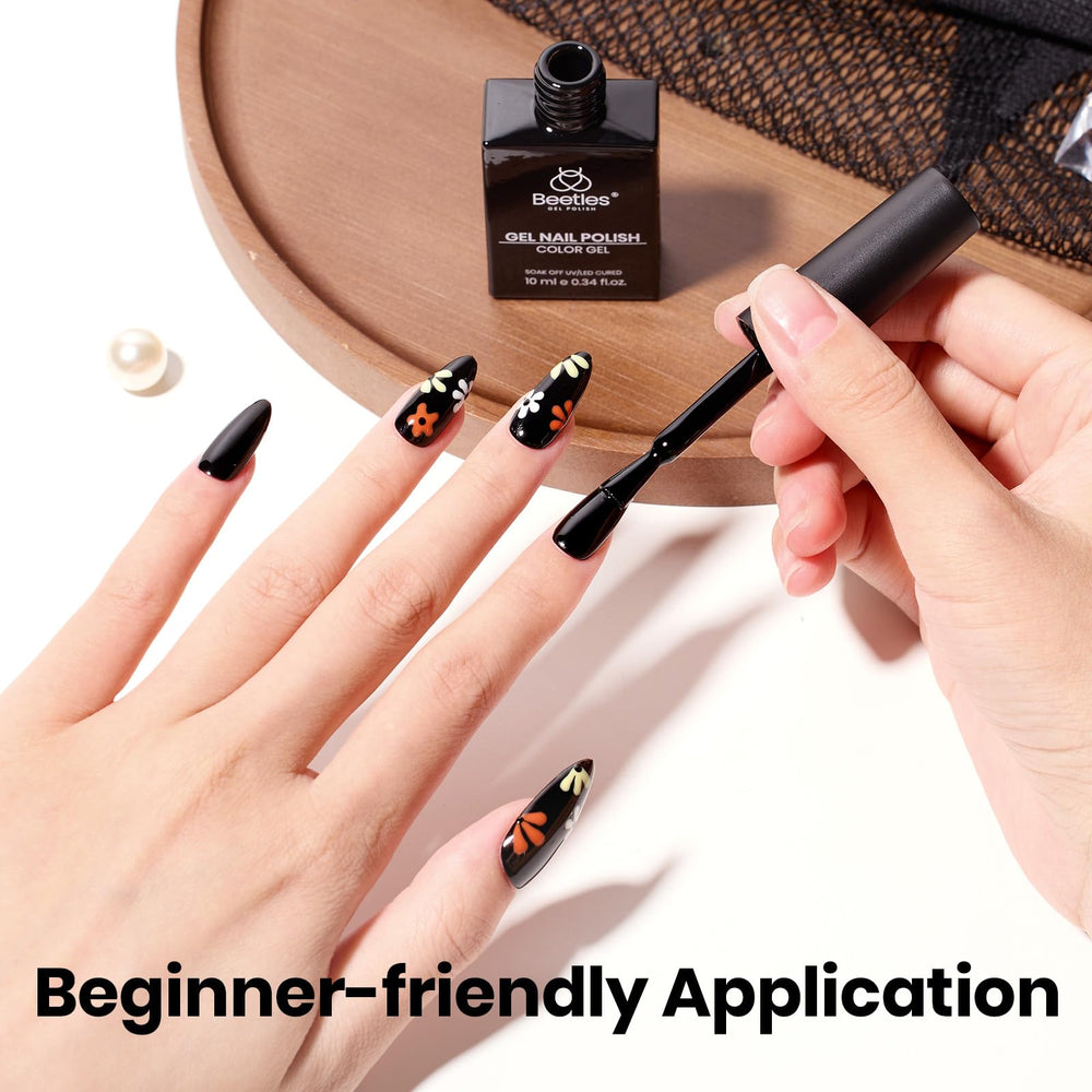Beetles Black Gel Polish nails with wet look before curing under lamp.