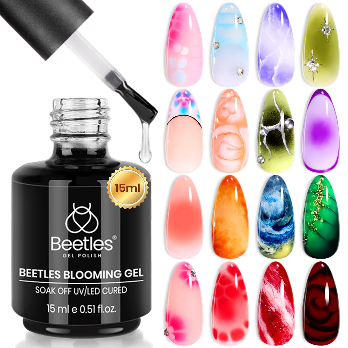 Beetles Blooming Gel transparente 15 ml, ideal para efectos claros y difusos en uñas.