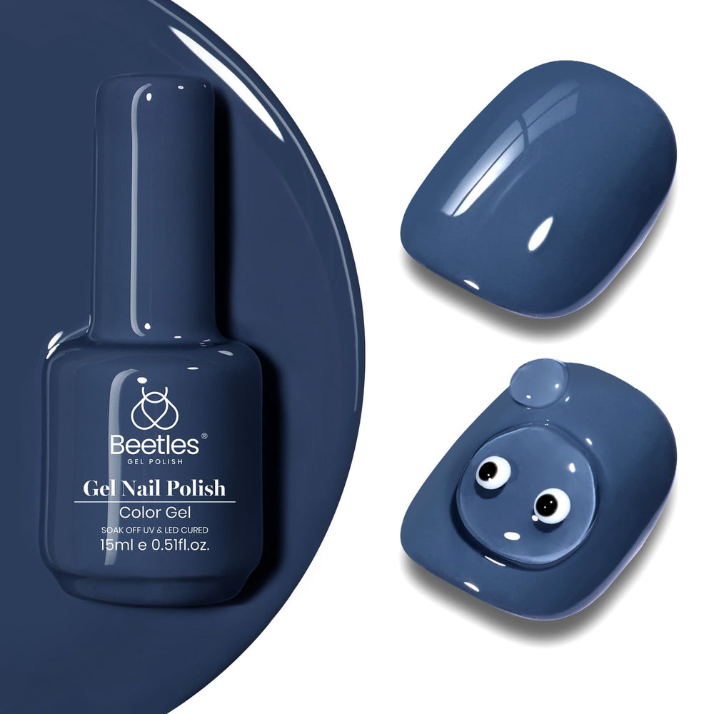 Beetles blue gel nail polish grayish navy bottle shows long-lasting color.