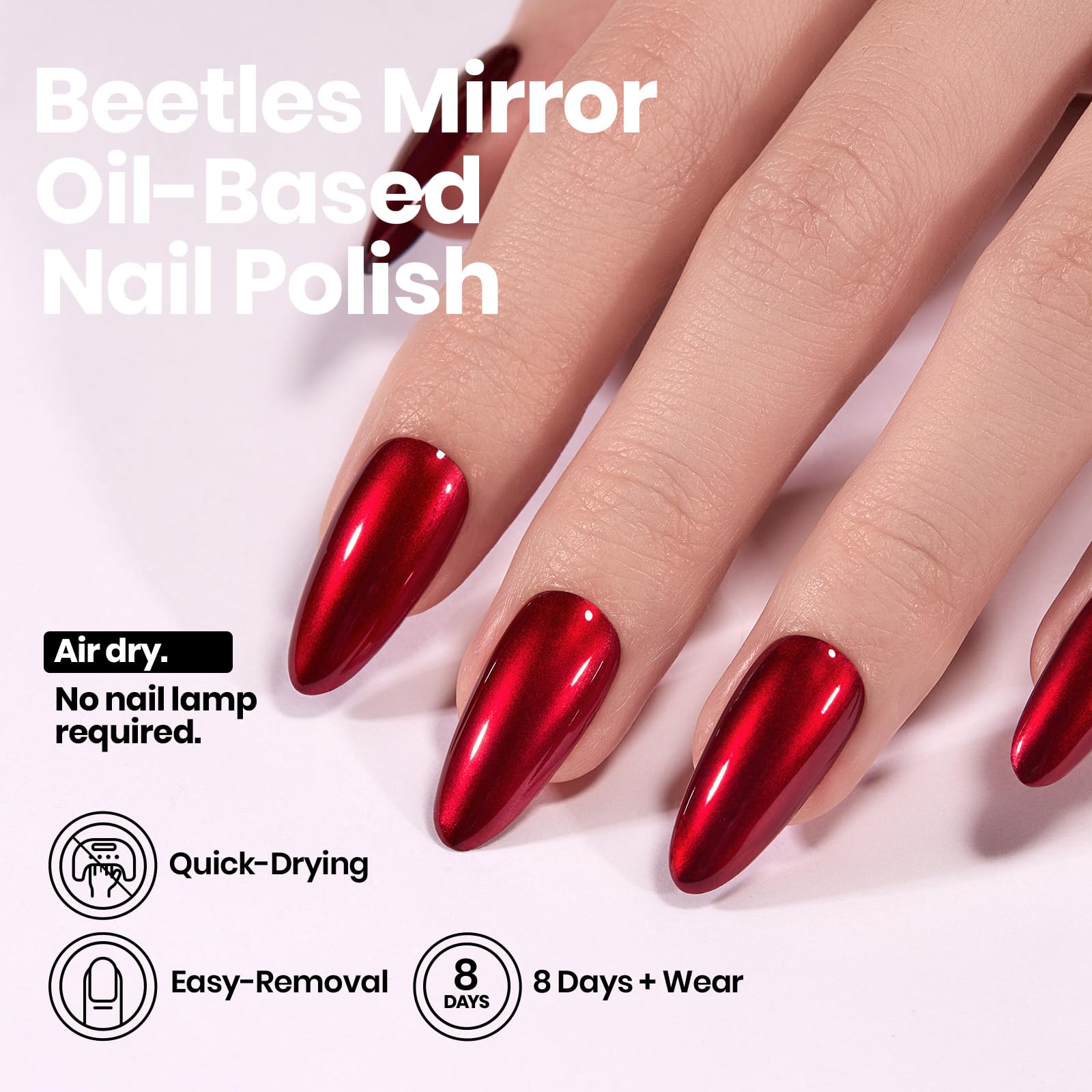 Beetles esmalte rojo cromo brillo rápido para uñas listas en minutos.
