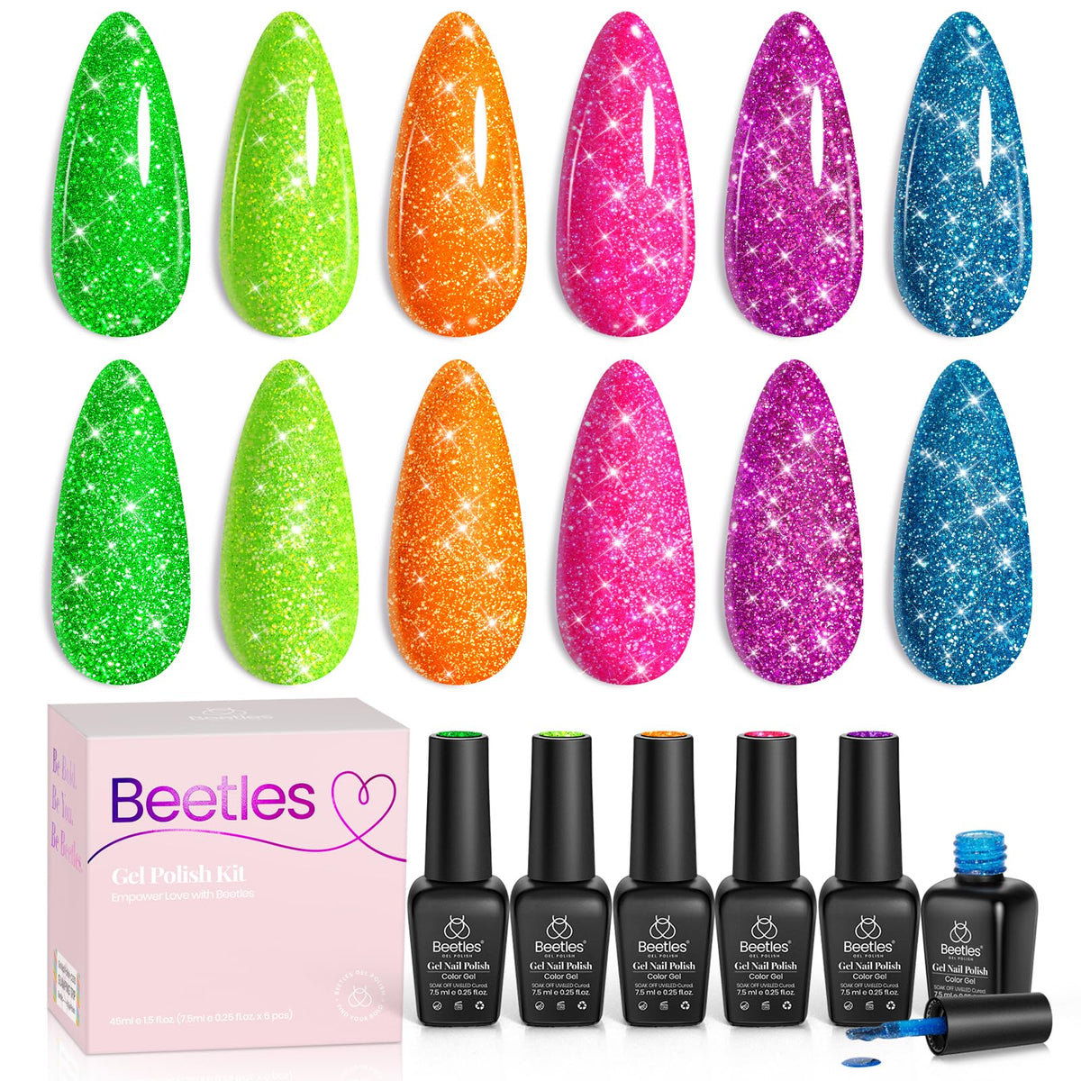 Beetles Gel Polish, conjunto de brillo neón para uñas, ideal para fiestas.