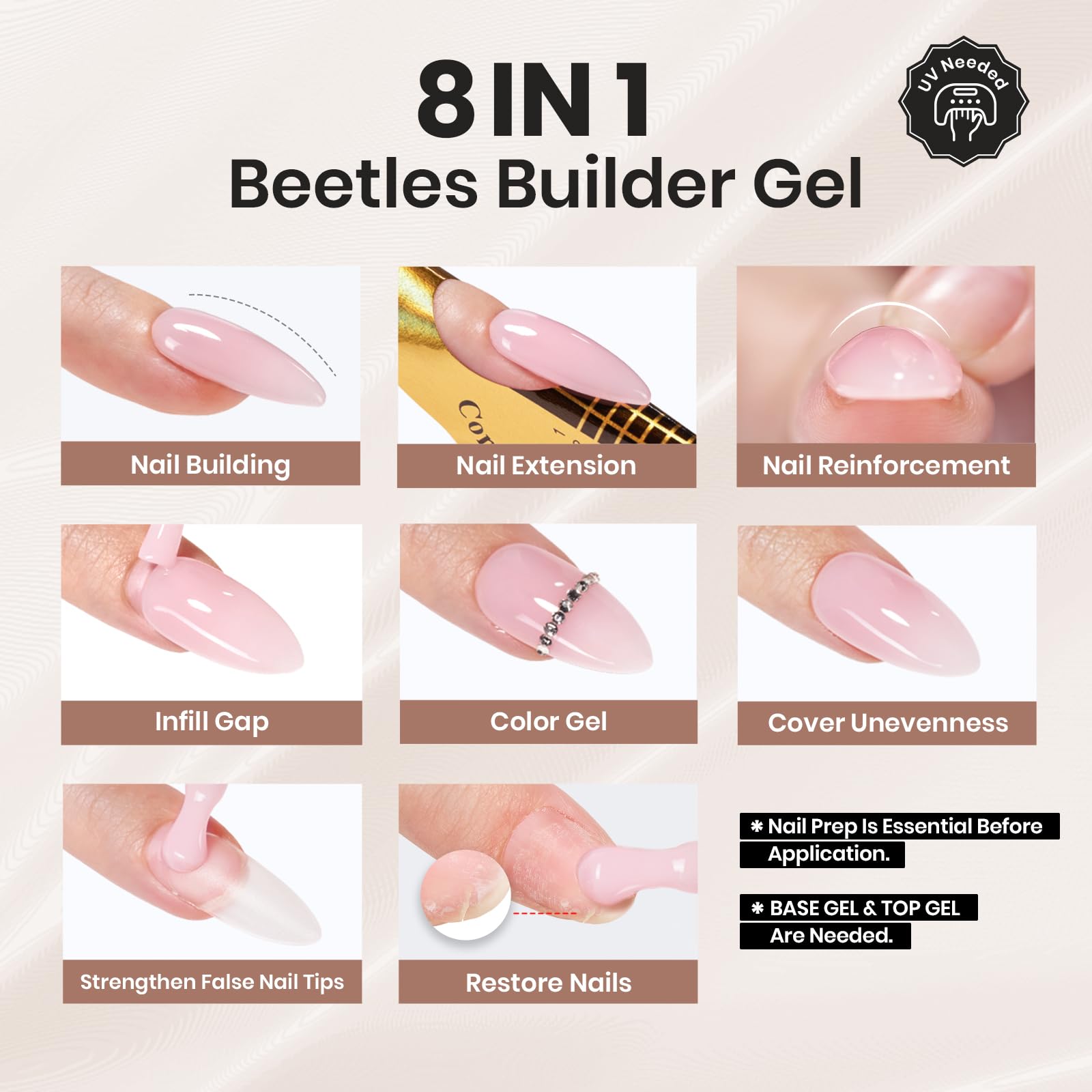 Beetles Builder Gel Nude: extiende uñas con acabado ligero y estable.