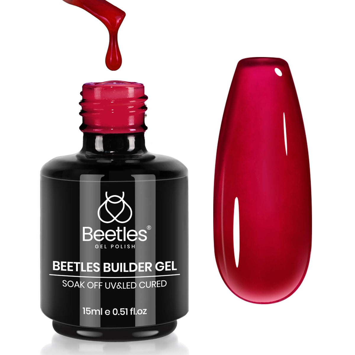 Beetles Builder Gel Garnet Glow en botella, color rojo intenso para una manicura llamativa.