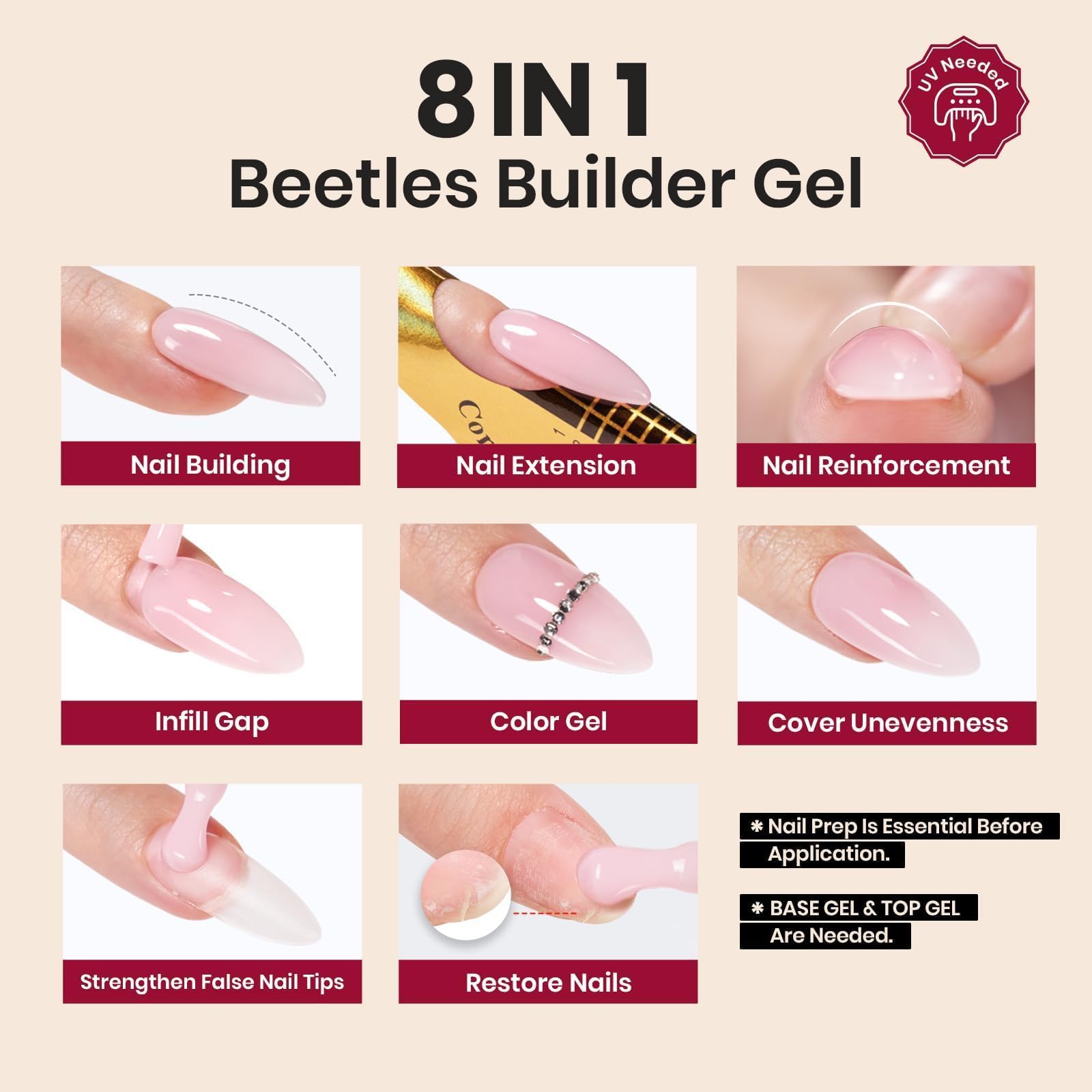 Beetles Builder Gel Garnet Glow, curado con lámpara ultravioleta o LED para mayor durabilidad.