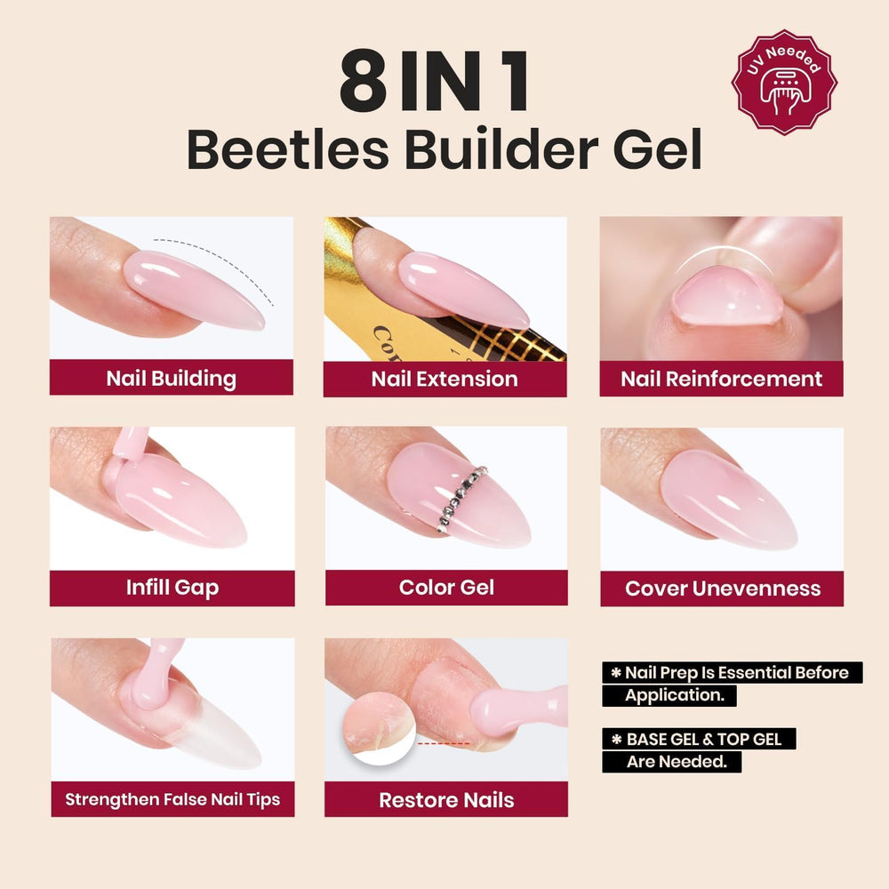 Beetles Builder Gel Garnet Glow, curado con lámpara ultravioleta o LED para mayor durabilidad.