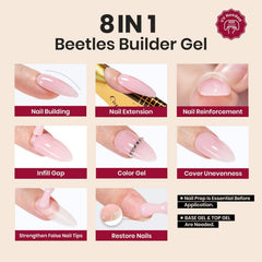 Beetles Builder Gel Garnet Glow, curado con lámpara ultravioleta o LED para mayor durabilidad.