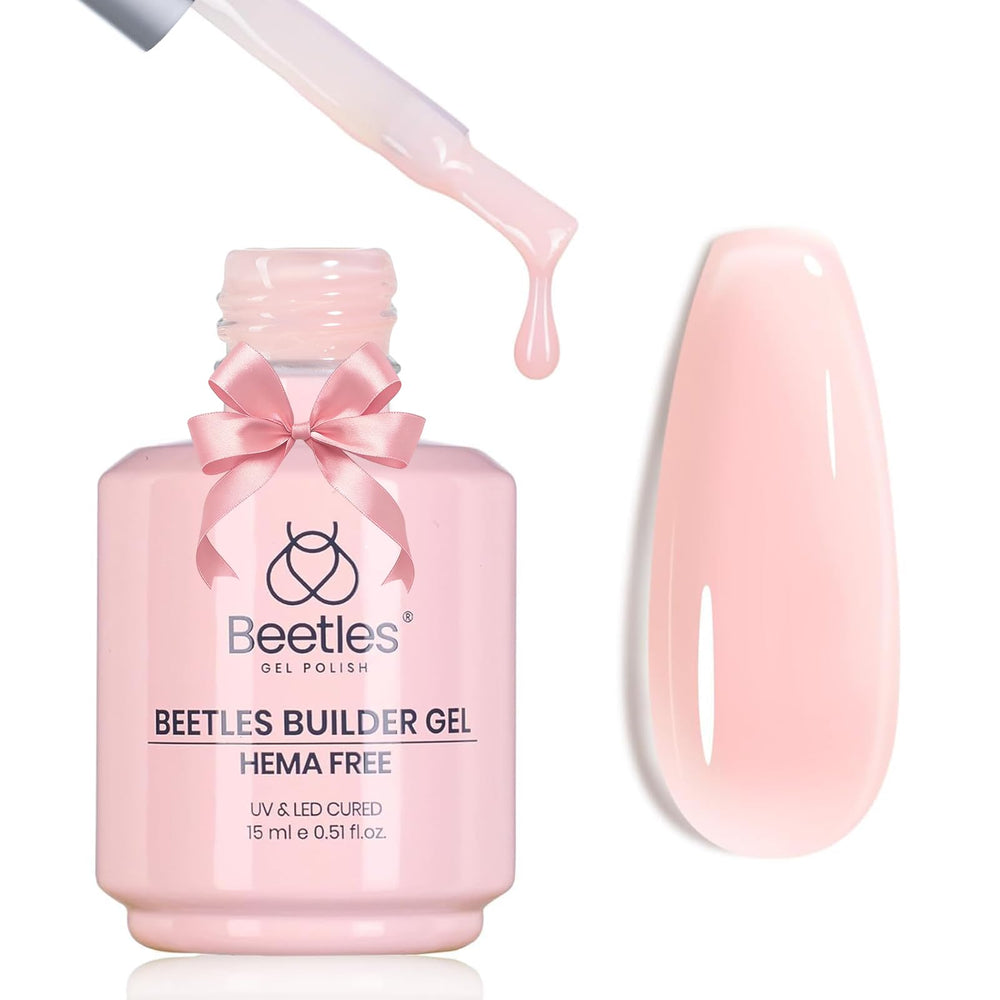 Beetles Builder Gel Pristine Grace bottle showing HEMA-free formula for safe at-home manicures.