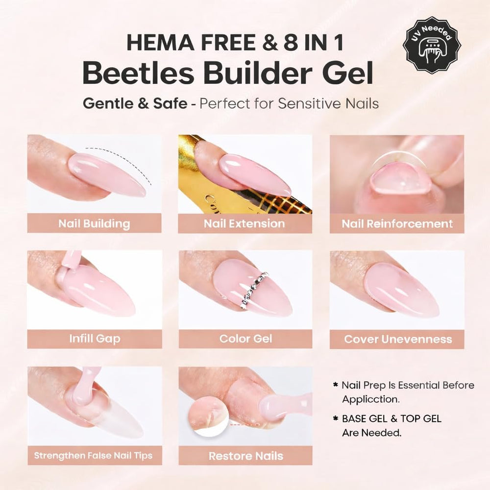Beetles builder gel nude blends naturally for seamless overlays.