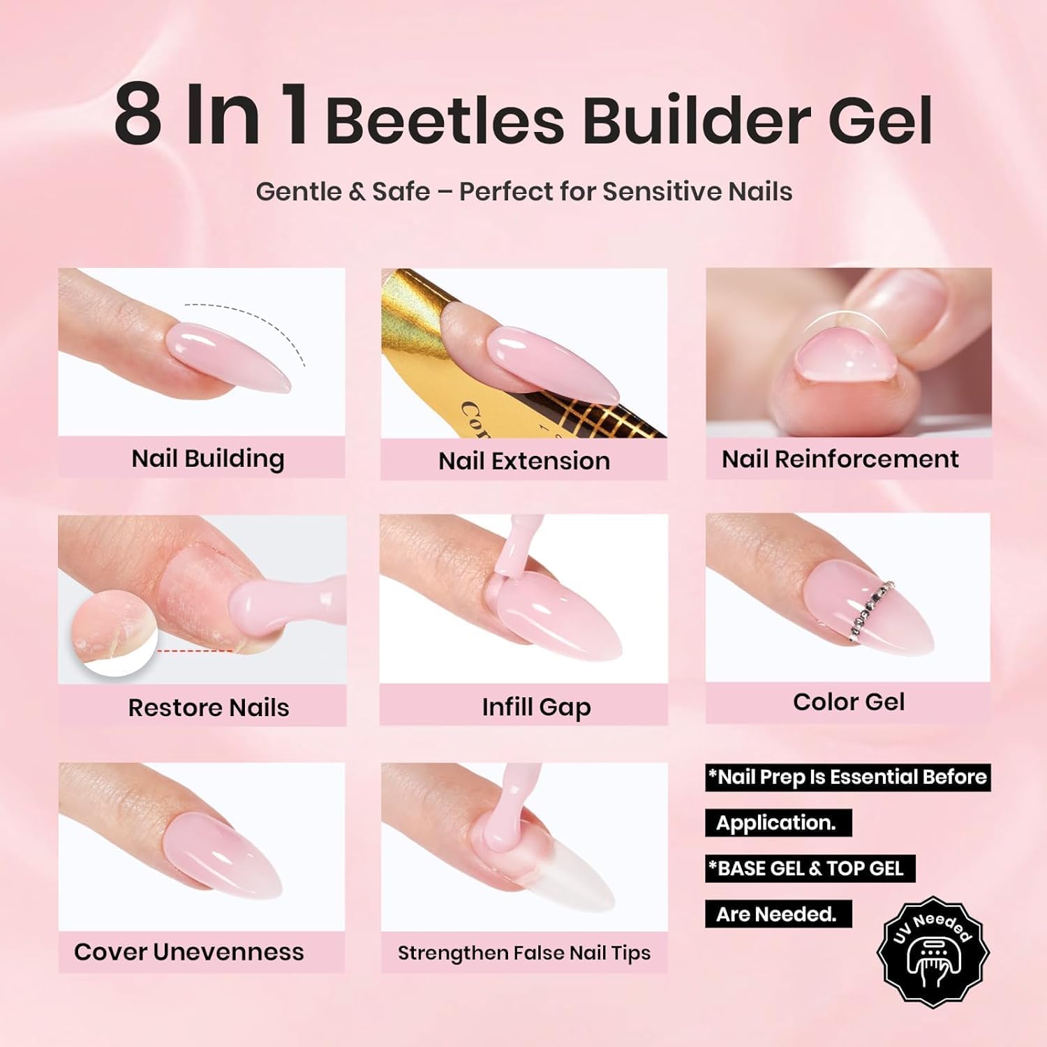 Beetles Builder Gel self-leveling flow shown for smooth nail surfaces.