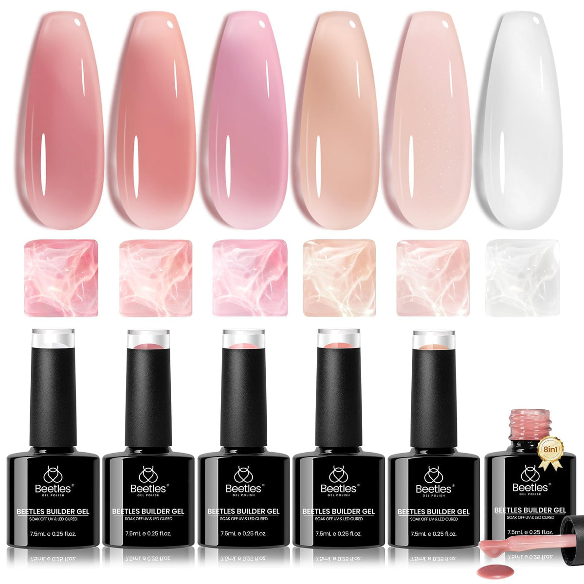 Beetles Builder Gel Set 6 colores para uñas naturales con acabado profesional.