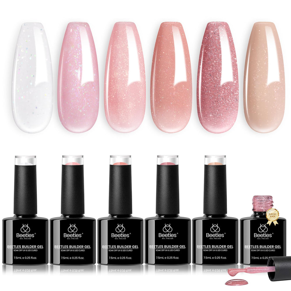 Beetles Builder Gel Set, botellas de 6 colores con brillo, manicura duradera.