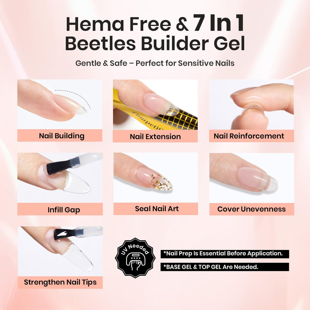 Beetles Builder Gel thickening effect strengthens thin nails for durability.