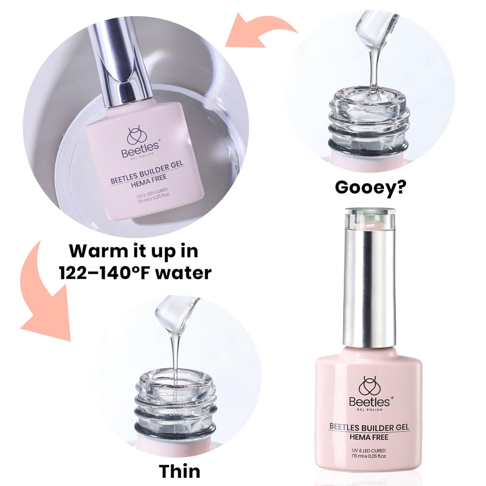 Beetles Builder Gel tip shows warm water restores gel flow when thick.