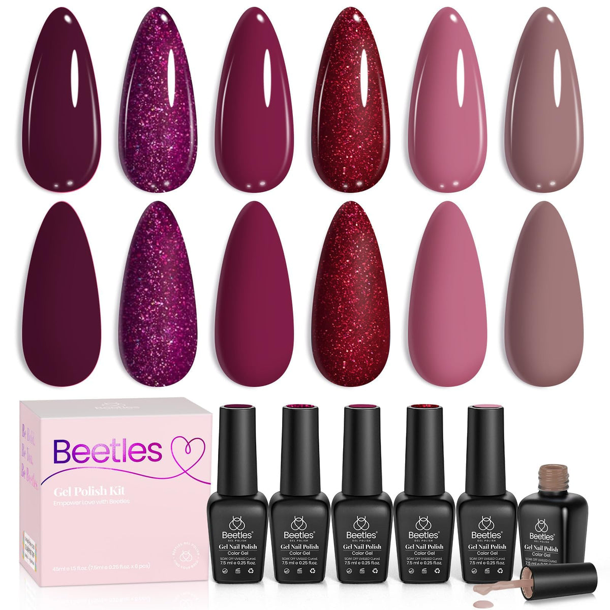 Beetles Burgundy Gel Polish: botellas en estuche para un color intenso.