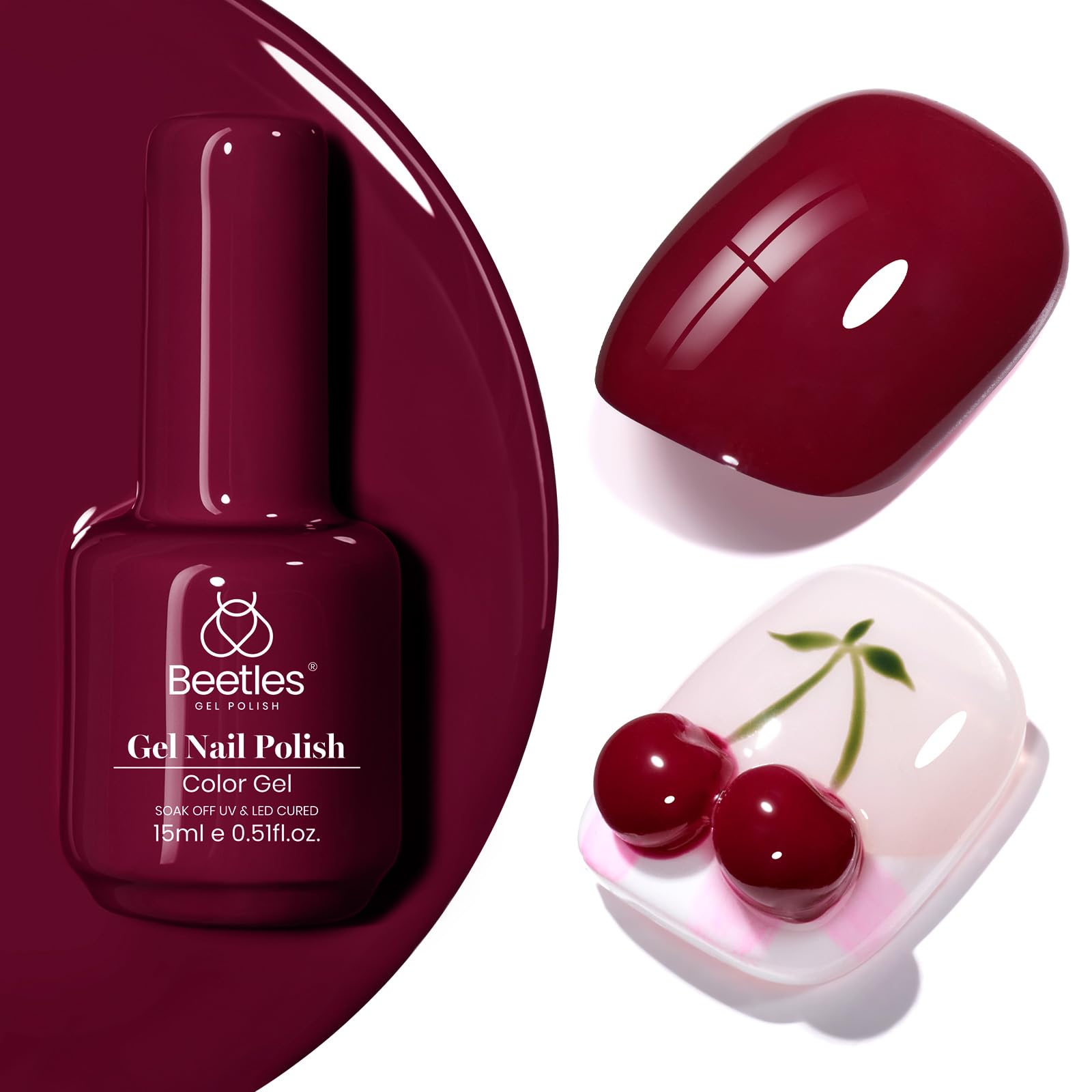 Beetles Burgundy Red Gel Polish bottle shows rich wine shade for at home manicure