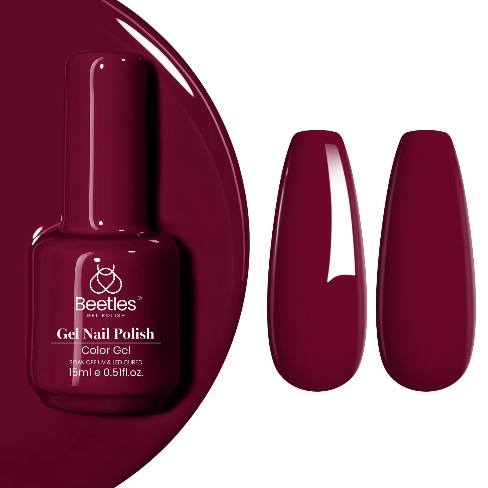 Beetles Burgundy Red nails look glossy under soft lighting