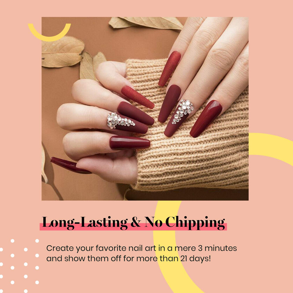 Beetles Burgundy Red gel on nail demonstrates chic at-home manicure.