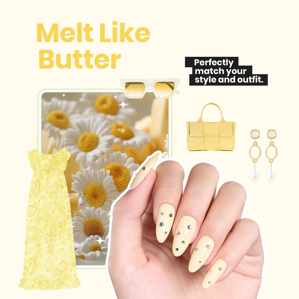 Beetles Butter Yellow drying on nails with a glossy sheen