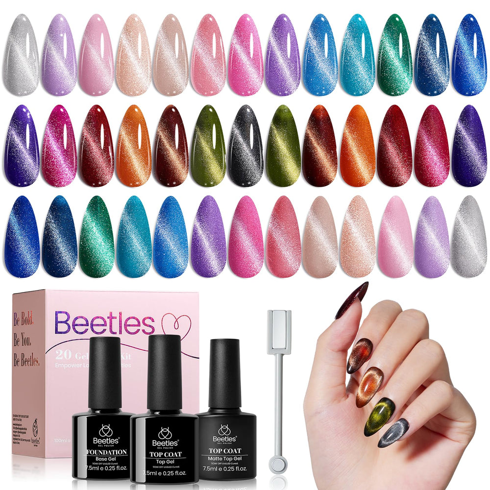 Beetles Cat Eye Gel Nail Polish Set displays vibrant hues for chic day-to-night nails.