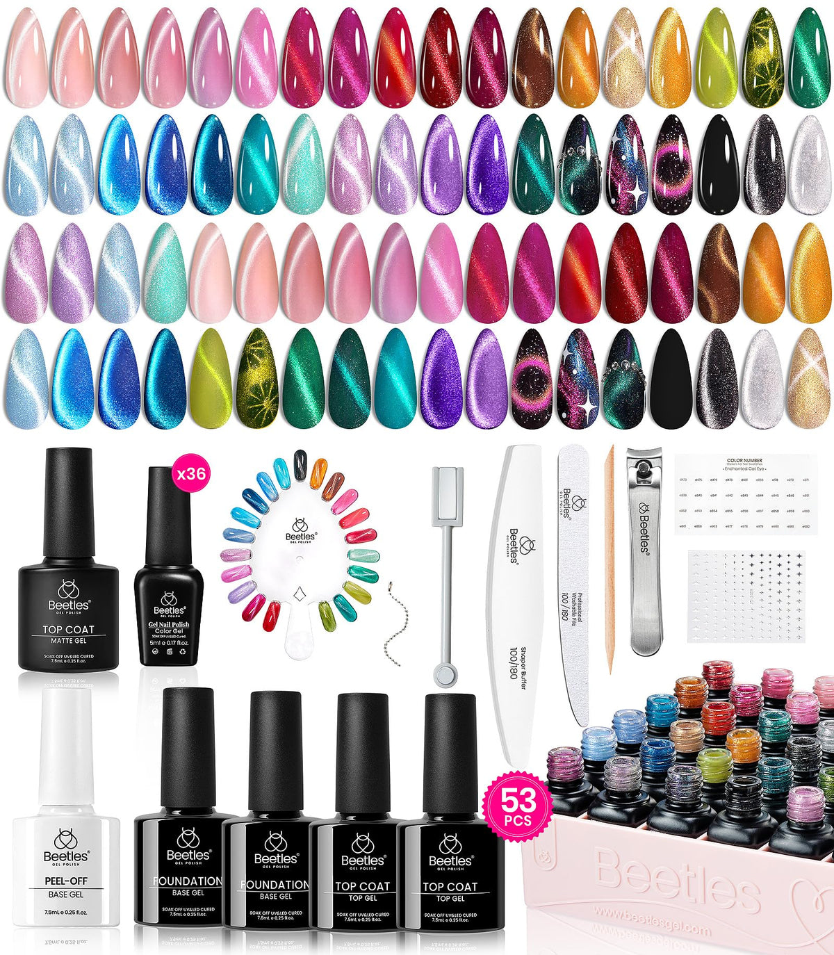 Beetles Cat Eye Gel Polish Set with 36 colors for versatile nail art ideas.