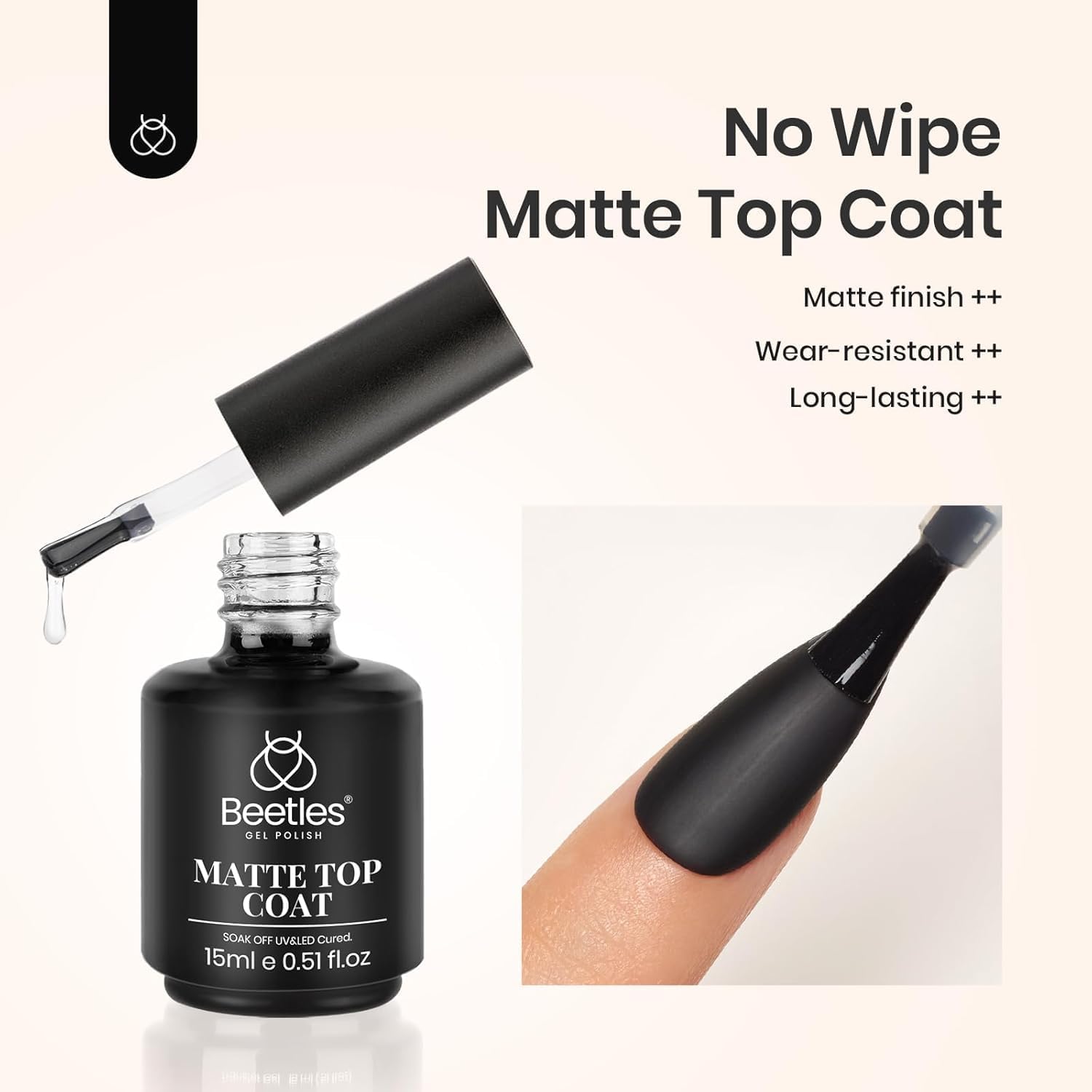 Beetles chrome-powder-friendly matte top coat enhances chrome detailing on gel nails.