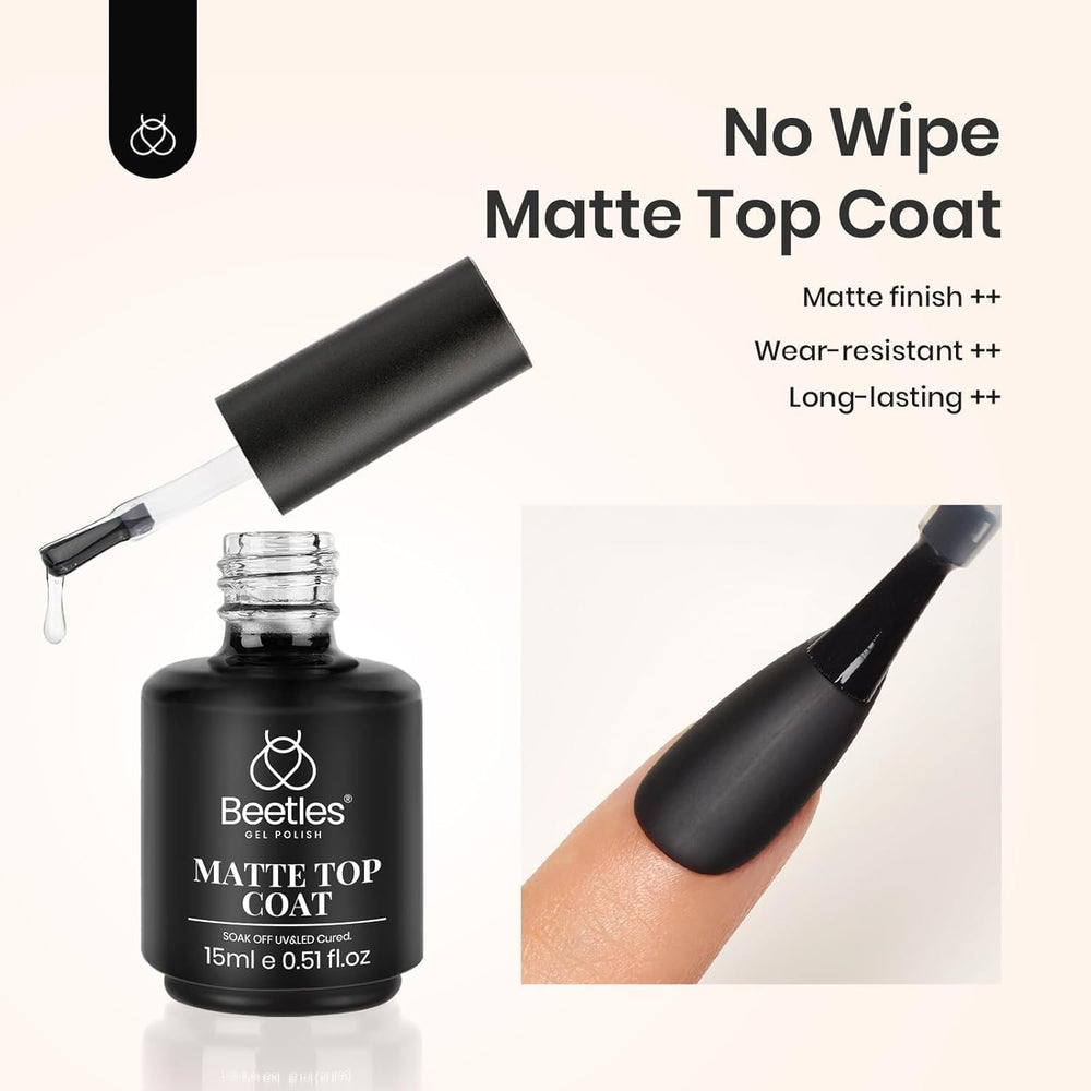 Beetles chrome-powder-friendly matte top coat enhances chrome detailing on gel nails.