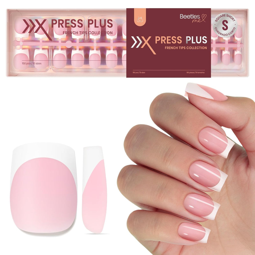 Beetles consejos estilo francés gel: uñas rosadas cortas y cuadradas para un acabado elegante.