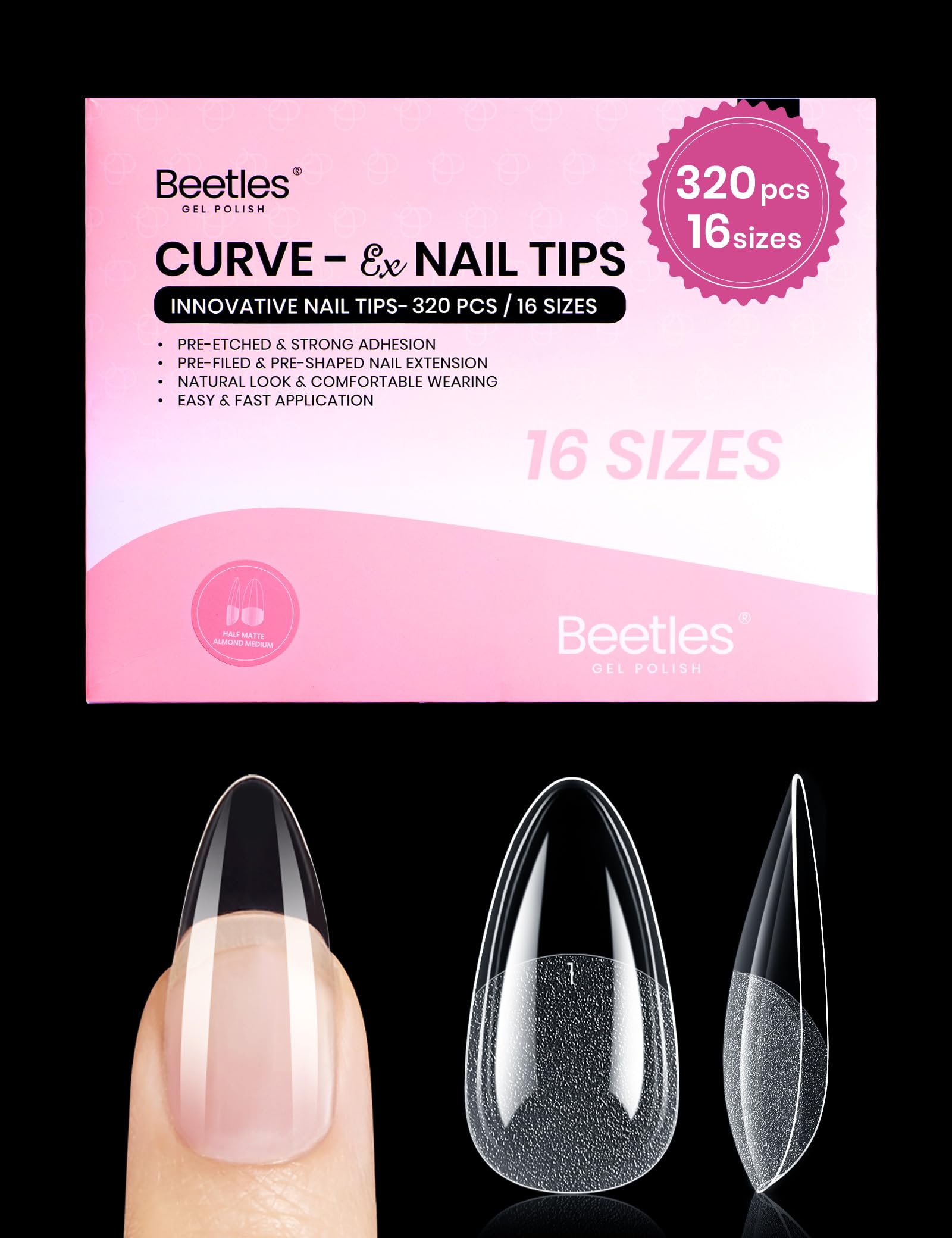 Beetles Curve-EX, puntas almendra mediana, vista cercana para extensiones duraderas.