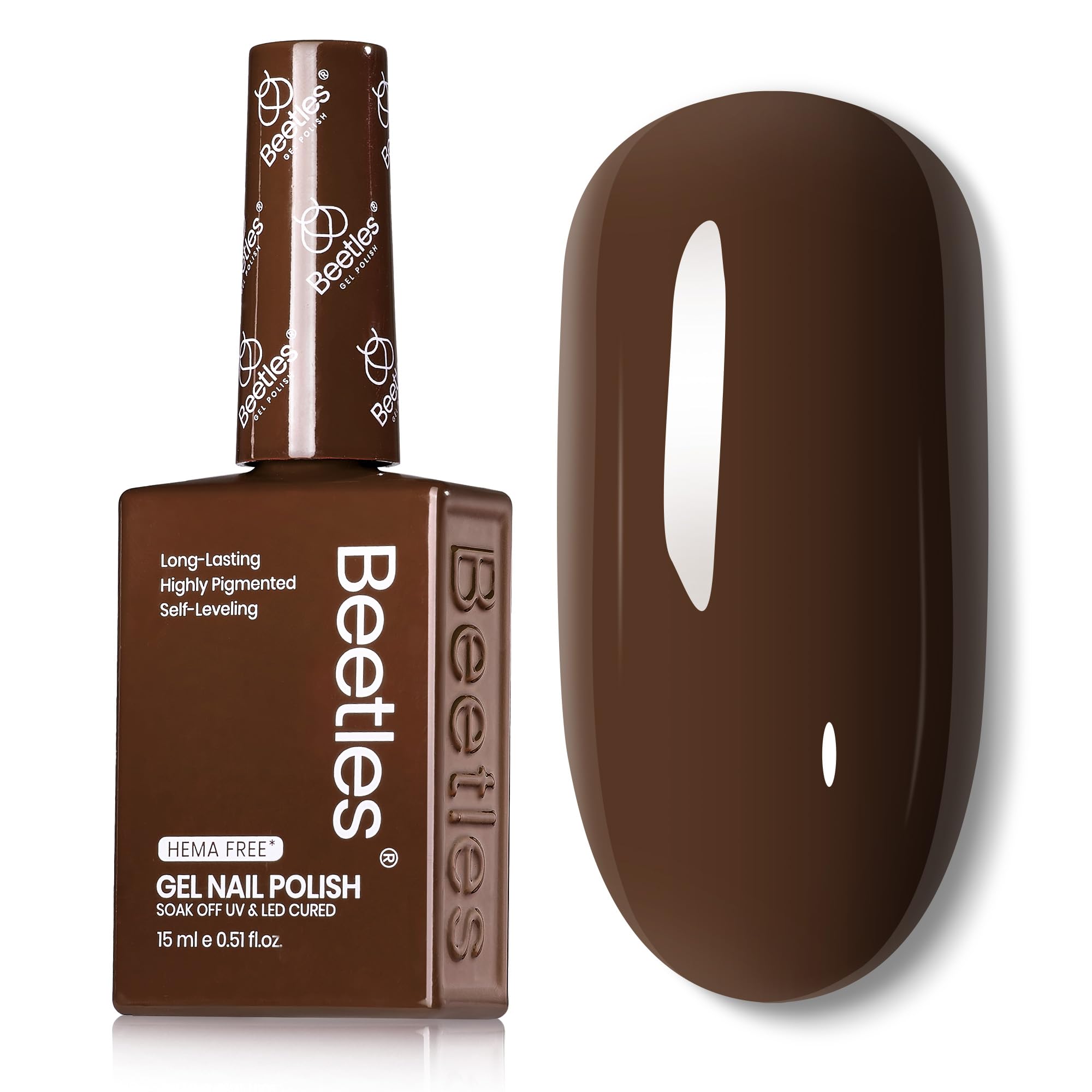Beetles Dark Brown gel polish bottle shows winter shade for precise color viewing at home.